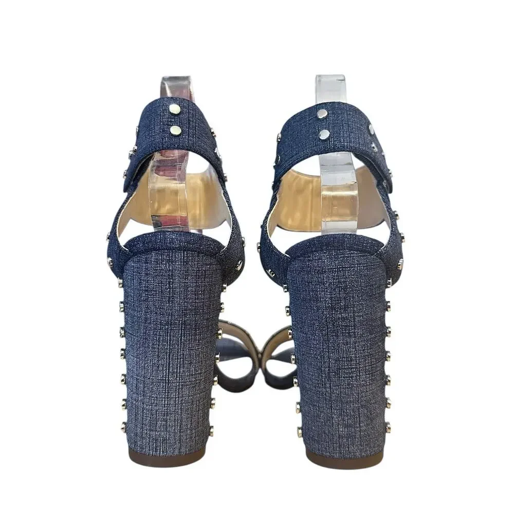 Jimmy Choo Veto 100 Blue Studded Ankle Strap High Heel Sandals 37.5 Wedding